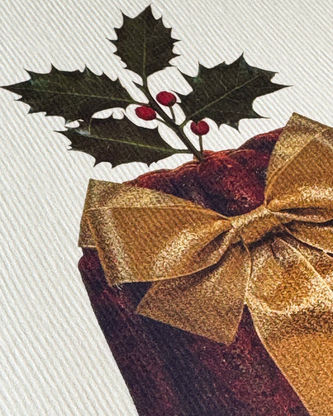 Gold Bow Plum Pudding Greeting Card